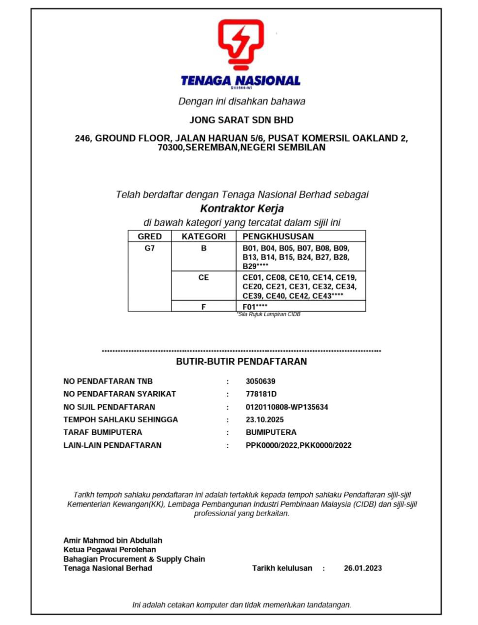 TNB - Certificate of Reconciliation as a Work Contractor