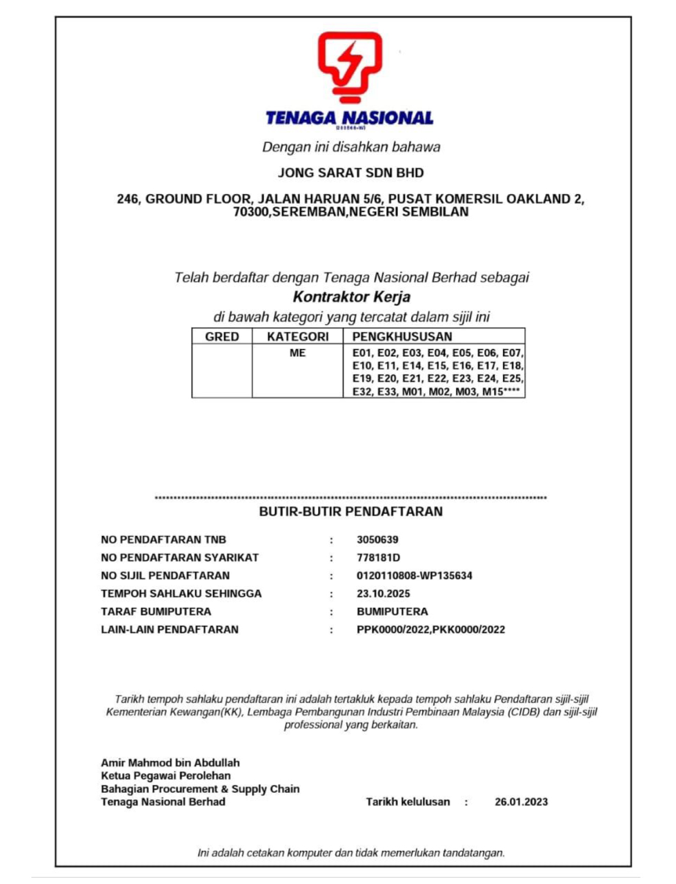 TNB - Certificate of Reconciliation as a Work Contractor